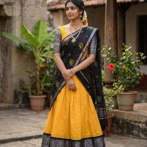 Mangalagiri Silk Dhavani Set-Yellow & Black