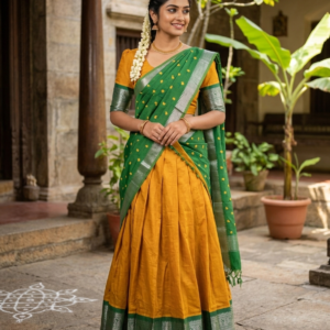 Mangalagiri Silk Dhavani Set-Mango Yellow & Green